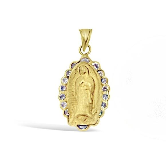 14K Yellow Gold Virgin Mary Lady Guadalupe Oval Pendant CZ Accents 1 inch - Picture 1 of 2